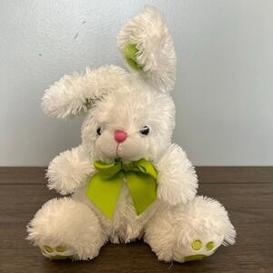 Animal Adventure White Bunny Plush Stuffed Animal Lime Green Bow 9 inch Rabbit